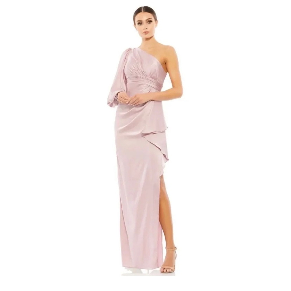 Ieena for Mac Duggal One Shoulder Satin Gown Blush Pink Long Sleeve Dress 2